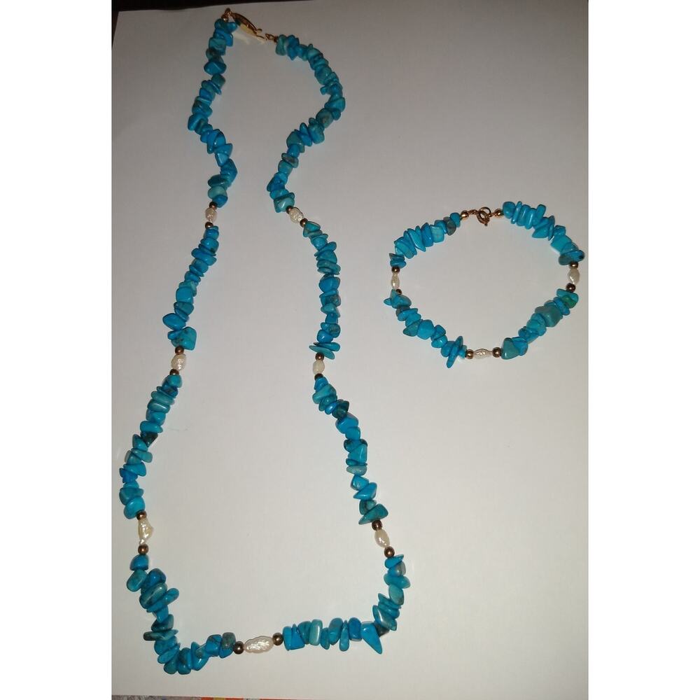 Vintage Turquoise Howlite & Faux Freshwater Pearl Necklace 22" & Bracelet 7"